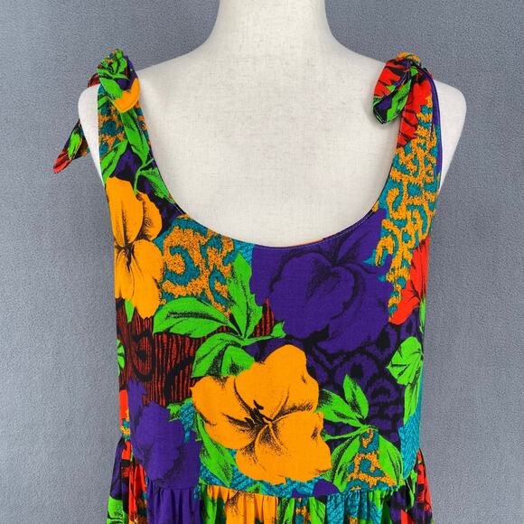 Vtg 80s 90s Two Potato Aloha Floral Midi Tiered Tie Shoulder Dress M Resort Wear - Picture 5 of 16